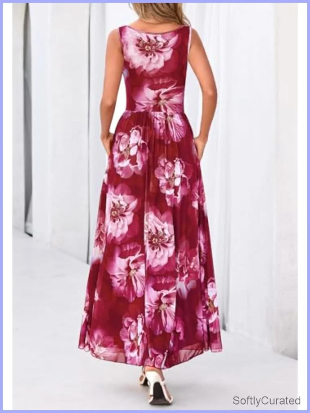 Sleeveless Floral Maxi Dress Mesh High Waist Pleated Sundress with Pockets